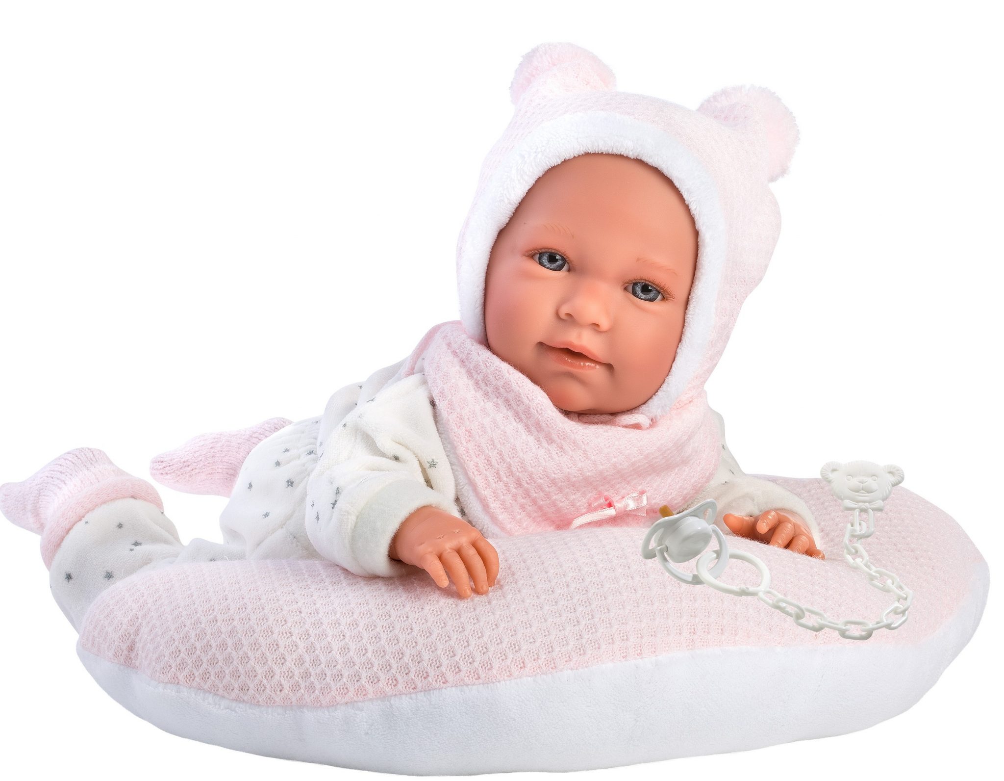 Llorens levensechte babypop softbody baby pop met geluid roze kleding kussen en speen 42 cm Llorens levensechte babypop softbody baby pop met geluid roze kleding kussen en speen 42 cm