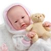 Berenguer babypop fullbody meisje bruine ogen kleding knuffel flesje en speen 42 cm
