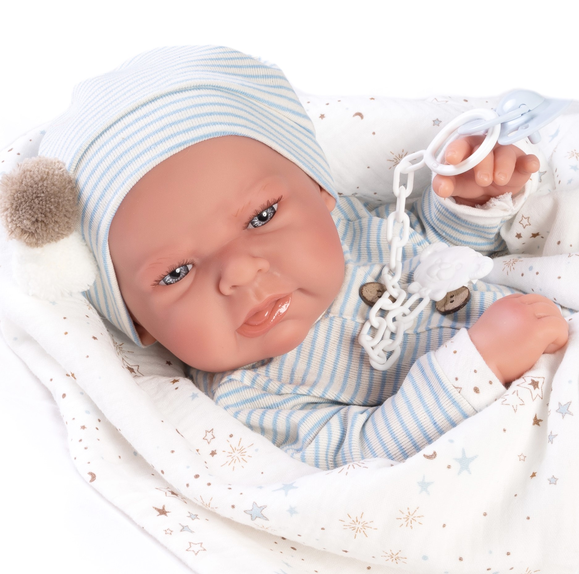 Antonio Juan levensechte babypop full body jongen met deken en speen 43 – Babypoppenshop – by Selintoys